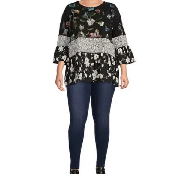 Calessa Black Embroidered Floral Patchwork Print  3/4 Sleeve Tiered Hem Tunic - Picture 3 of 4